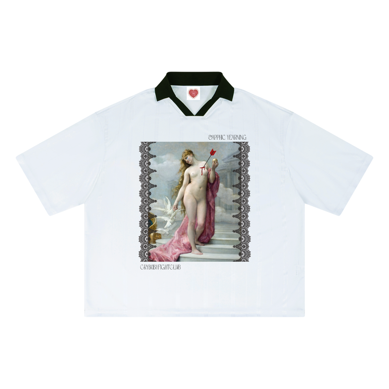 A white short-sleeve polo shirt with a black collar, featuring a large graphic print of a classical painting on the front with the text 'ENMAI VENERING' and 'GAMBIT YOUR LAR'.