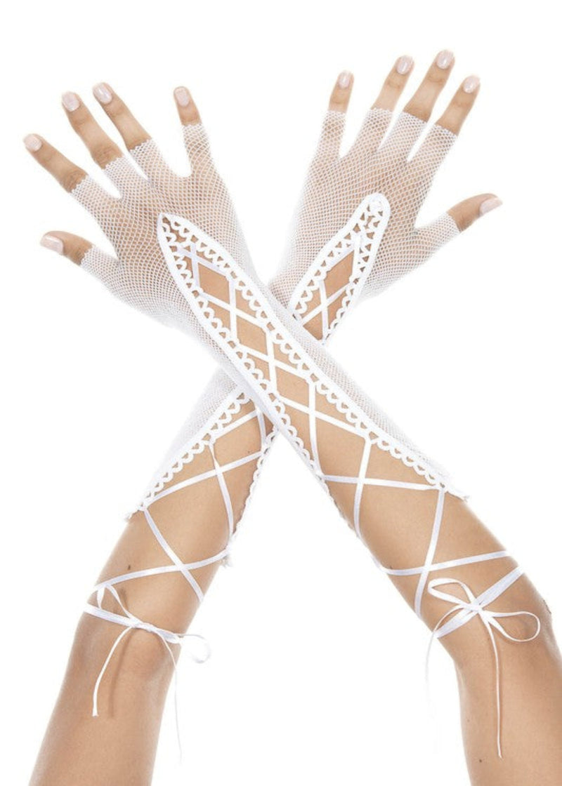 White fishnet gloves with lace detailing on a white background
