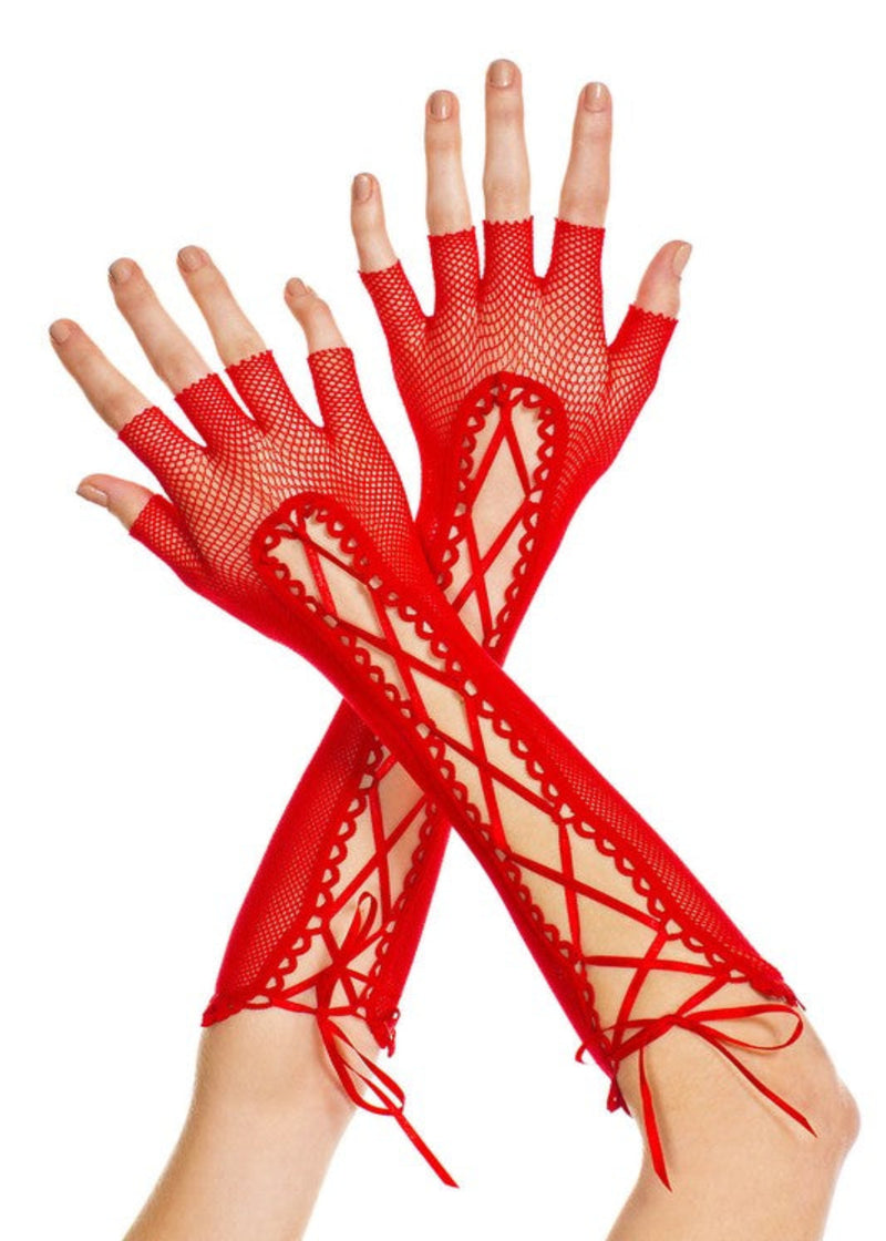 Red fishnet gloves with lace detailing on a white background