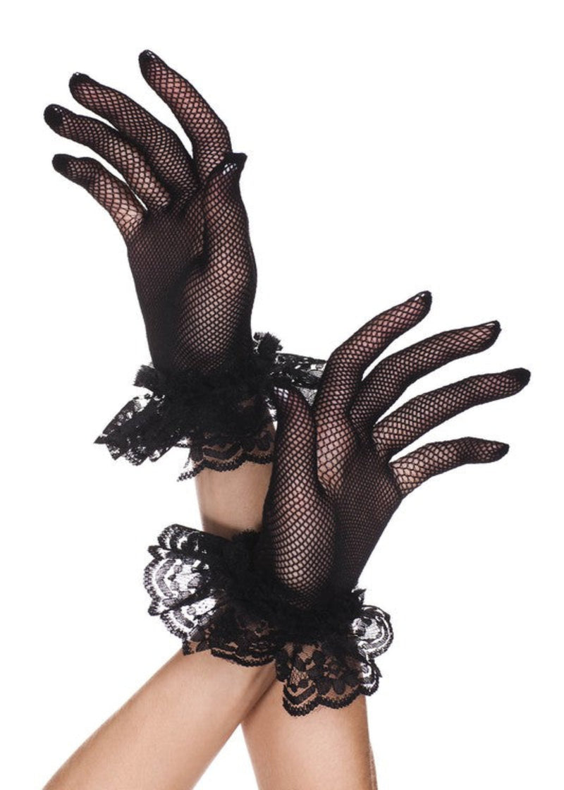 Black fishnet gloves with lace cuffs on a white background